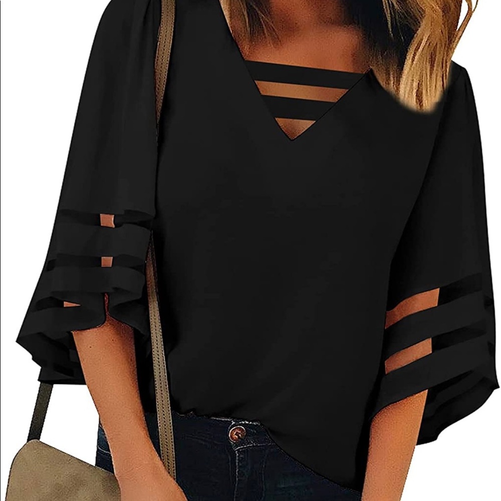 Ladies Gorgeous Black Vneck Quarter Sleeve Blouse, medium